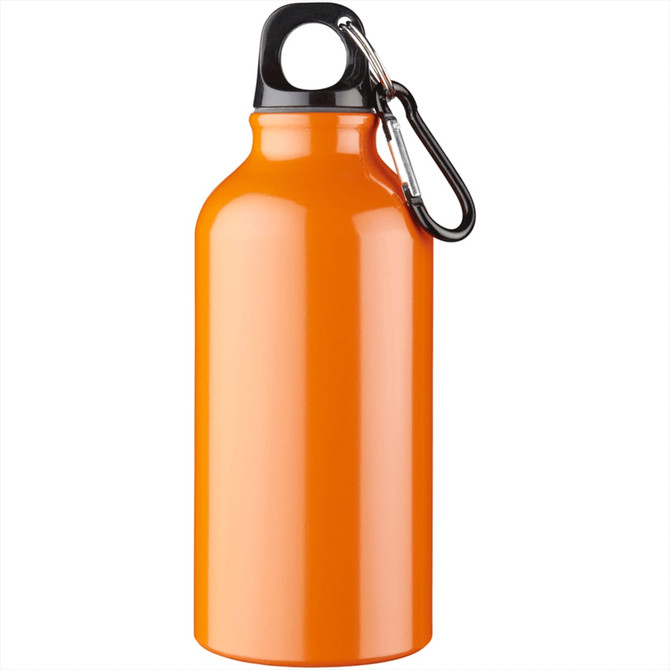 A drink bottle in vibrant orange with a black rim and attached carabiner. Includes a logo.
