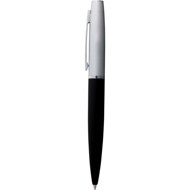 A metal ballpoint pen with a silver barrel and a black grip. The pen features a logo on the body.