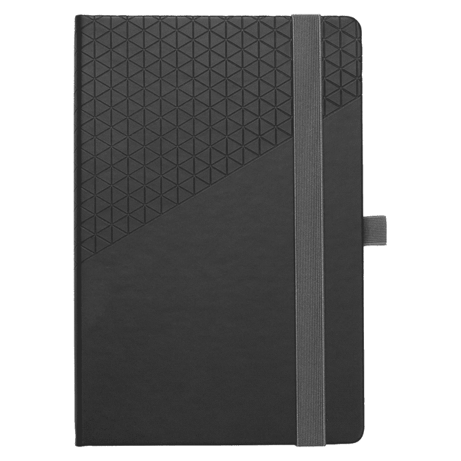 A black notebook featuring a geometric textured cover and a grey elastic band for closure. It has a logo on the cover.