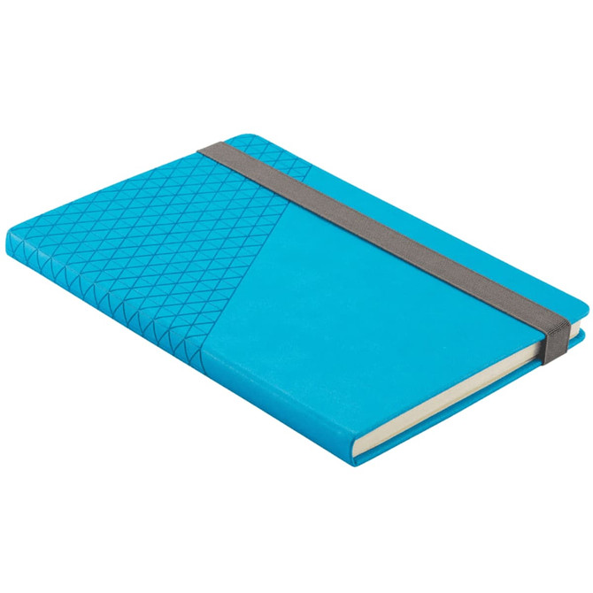 A turquoise notebook with a patterned cover and an elastic band for closure. It features a logo on the front.