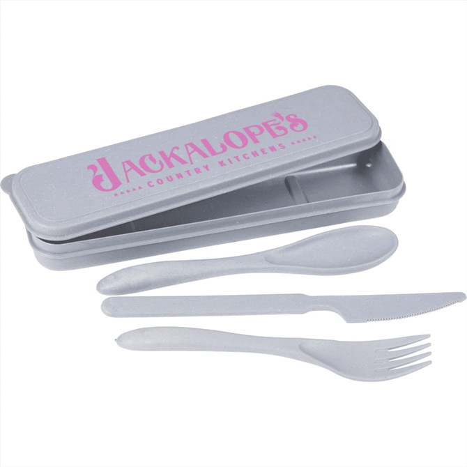 A bamboo fibre cutlery set in grey, including a spoon, knife, and fork, stored in a matching case with a logo.
