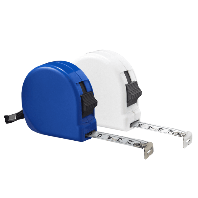A blue and a white measuring tape, each with a retractable tape measure and a black lock feature.