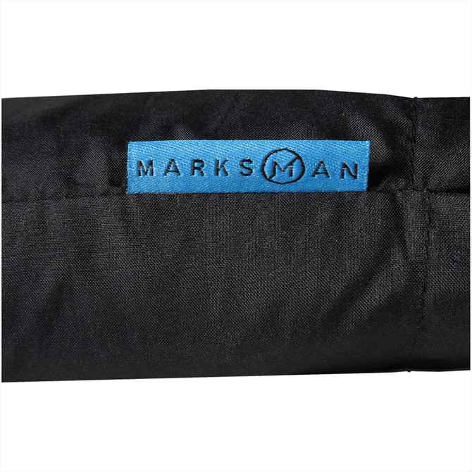 A black umbrella with a blue logo tag attached, featuring a foldable design for convenience.
