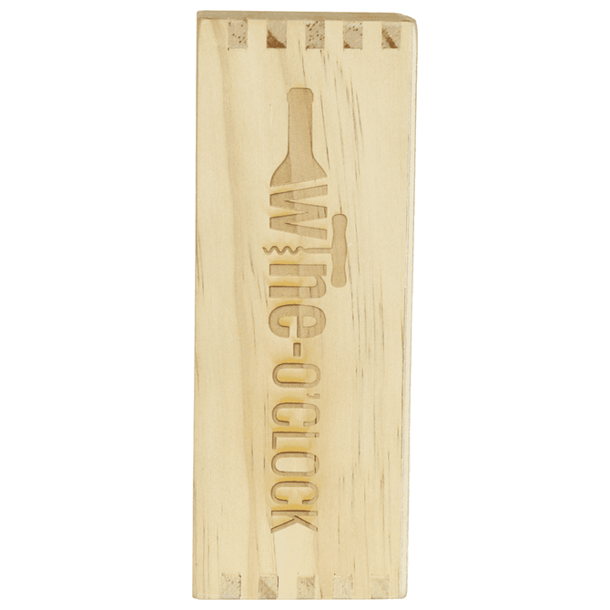 A wooden wine bottle holder with an engraved design, featuring a logo and a natural wood finish.