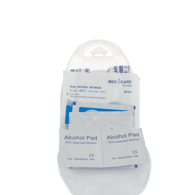 A portable first aid kit in a clear plastic case featuring various medical supplies like alcohol pads and non-woven sponges.