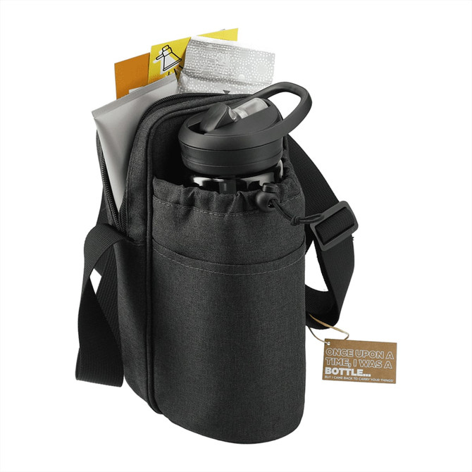 A drink bottle in a dark grey adjustable cooler bag with a pouch, featuring a shoulder strap.