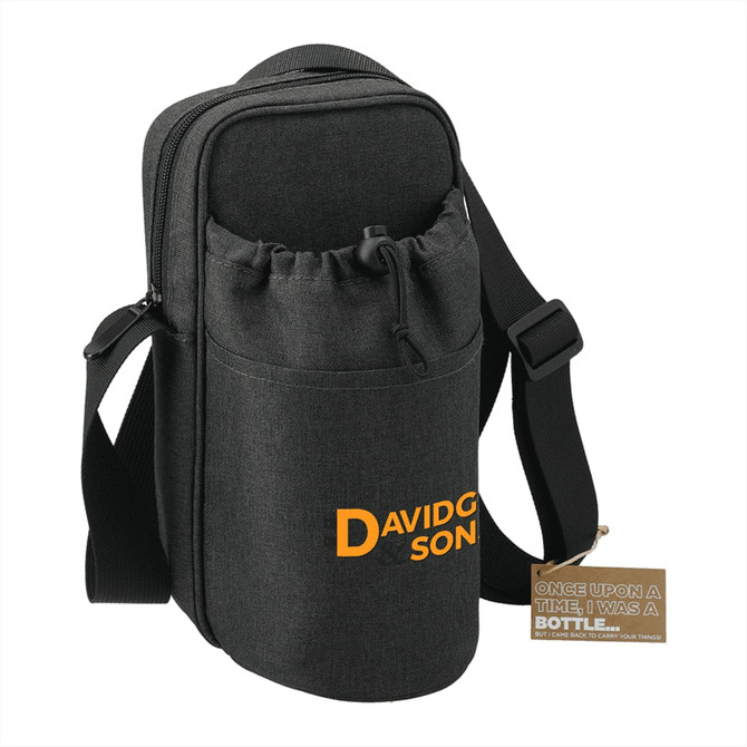 A drink bottle cooler in black fabric, featuring an adjustable strap and a pouch, with a logo on the front.