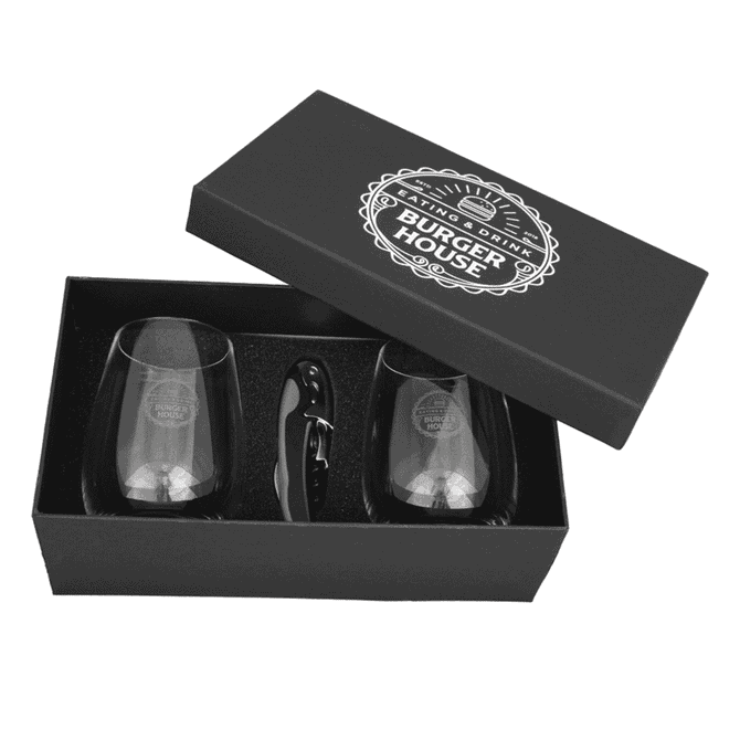 A wine glass set featuring two clear glasses and a corkscrew, presented in a black gift box with a logo.
