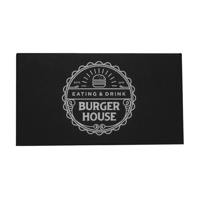 A rectangular black menu cover featuring a circular logo with the text "Burger House" and decorative elements.