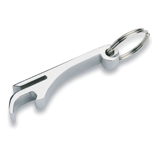 A drink bottle opener keyring in shiny silver metal, featuring a simple design with a keyring attachment.