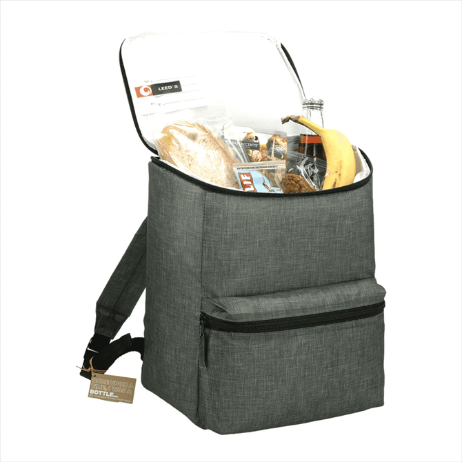 A grey backpack cooler with a zippered top, filled with food items and a drink bottle, featuring a front pocket and a logo.