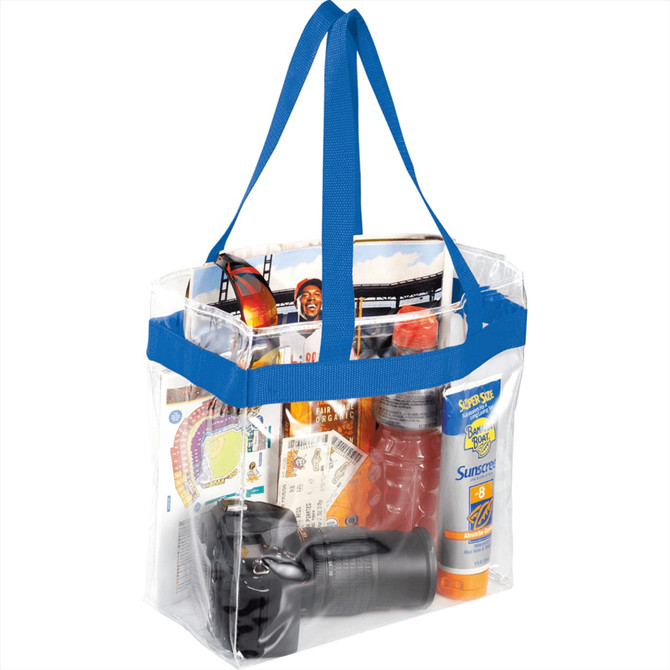 A clear tote bag with blue handles containing a drink bottle, sunscreen, a camera, snacks, and brochures.