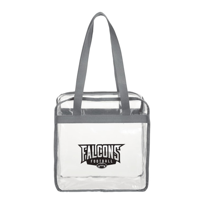 Clear zippered tote bag with grey straps, featuring a logo on the front. Suitable for carrying various items.