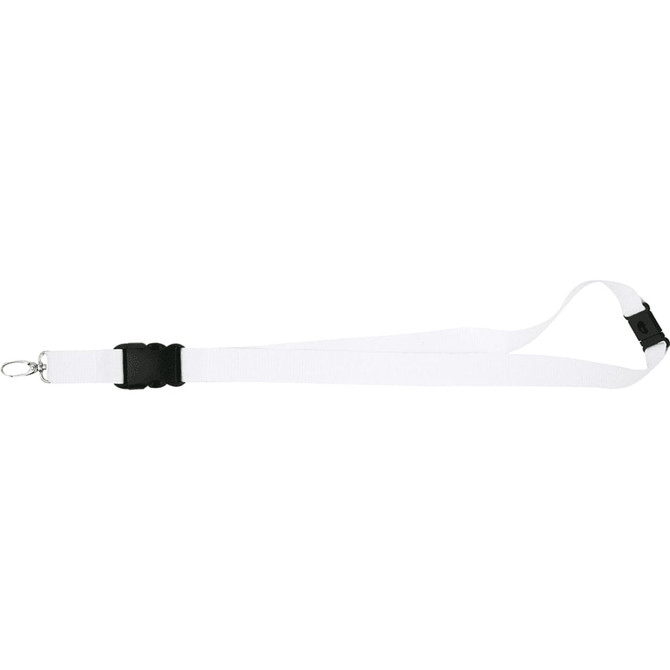 A 25mm white lanyard featuring a black clip and attachment, suitable for events and exhibitions.
