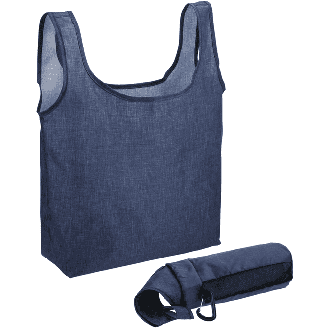 Navy blue reusable grocery bag with a foldable design, accompanied by a compact carrying pouch. Features a logo.