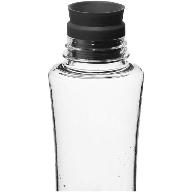 A drink bottle with a clear body and a black silicone cap, featuring a simple design and a logo.
