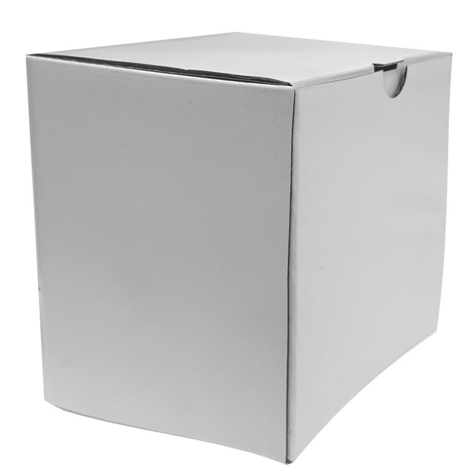 A white, blank packaging box with a rounded edge and a flap closure.