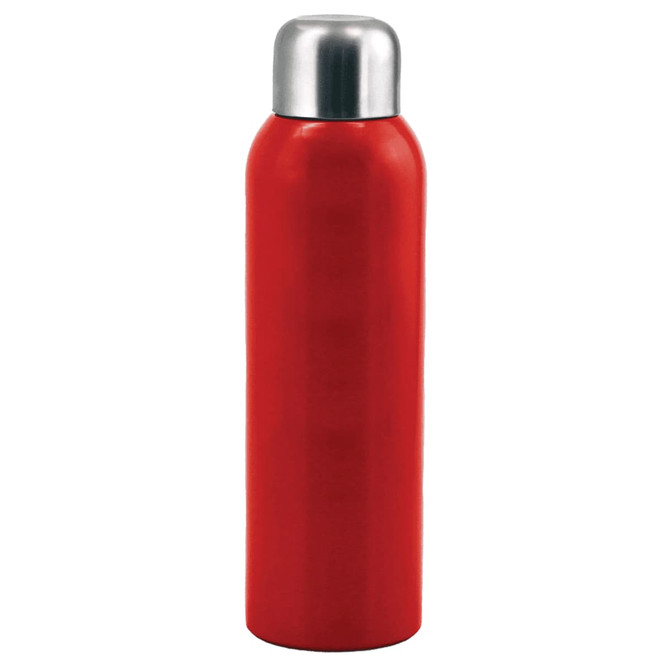 A drink bottle in bright red with a stainless steel lid, featuring branding. It's 800ml in capacity.