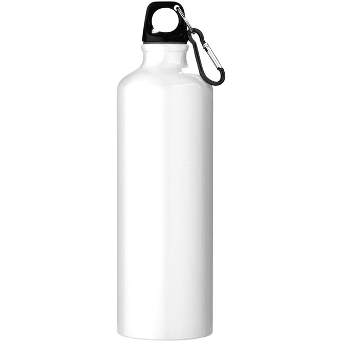 A drink bottle made of aluminium, featuring a white body and a black cap with a clip.