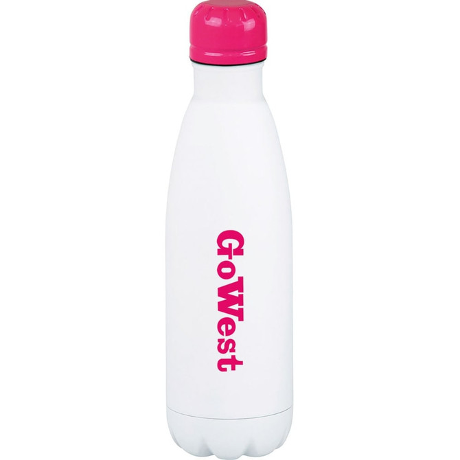 A drink bottle with a white body and a pink lid, featuring a logo. It has a sleek, vacuum-insulated design.