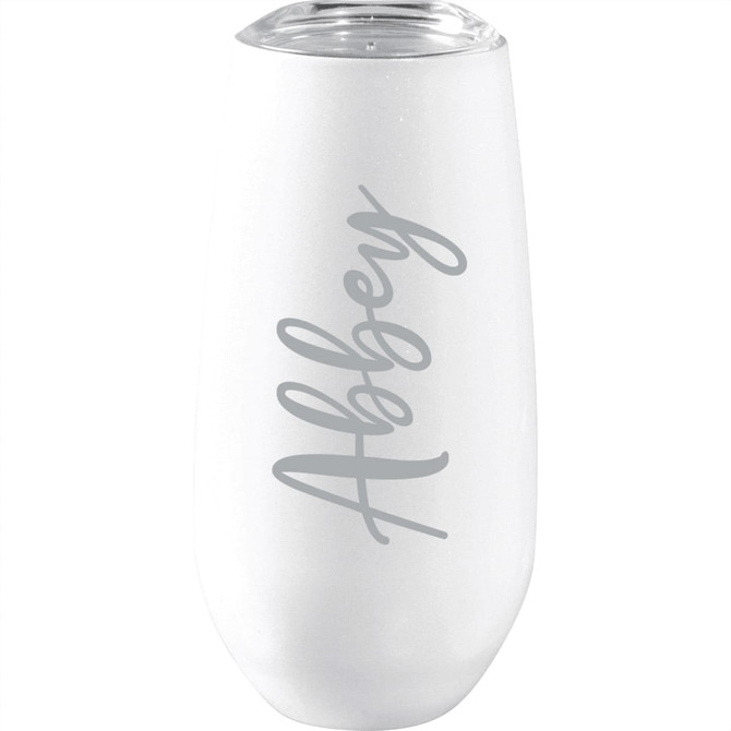 A drink bottle in white with a sleek design, featuring a clear lid and a grey logo.