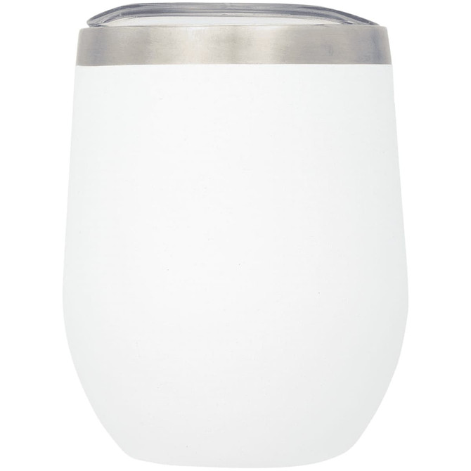 A drink bottle with a white body and a stainless steel lid, featuring a logo. Ideal for travel and insulated.