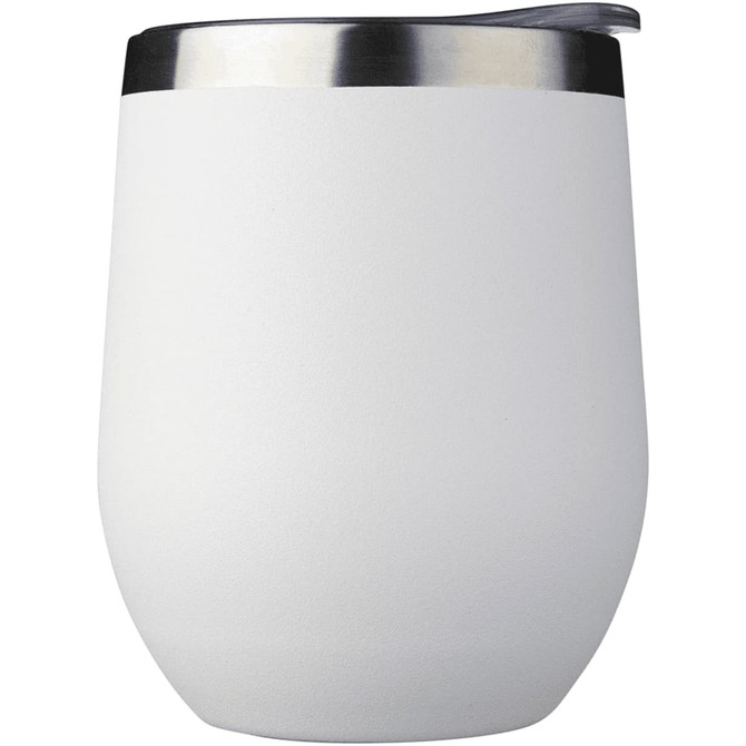 A drink bottle in matte white with a silver stainless steel rim, featuring a lid and no visible branding.