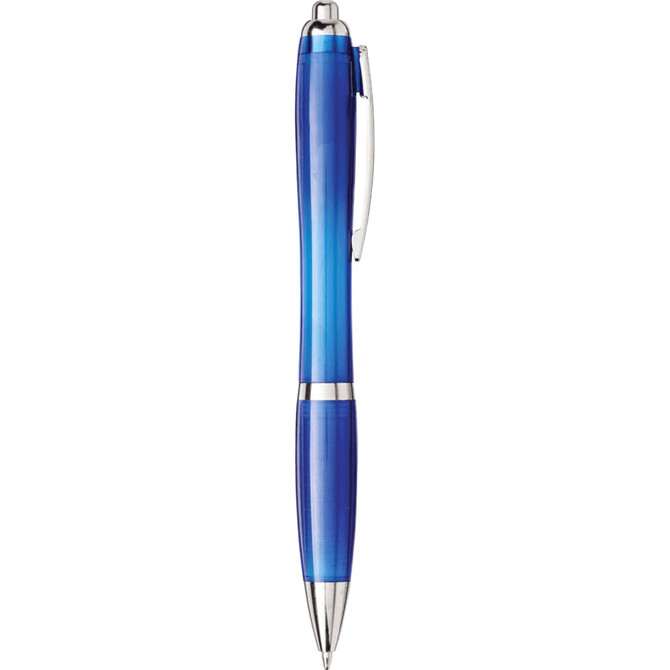 A blue pen with a gradient finish and silver accents, featuring a branding logo.