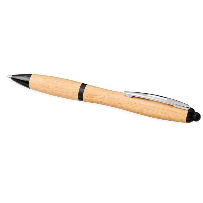 A bamboo ballpoint pen with a silver clip and black accents. It features a logo on the barrel.
