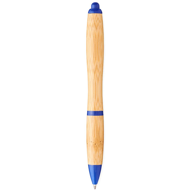 A bamboo ballpoint pen featuring blue accents and a smooth, curved design, with a logo on the side.