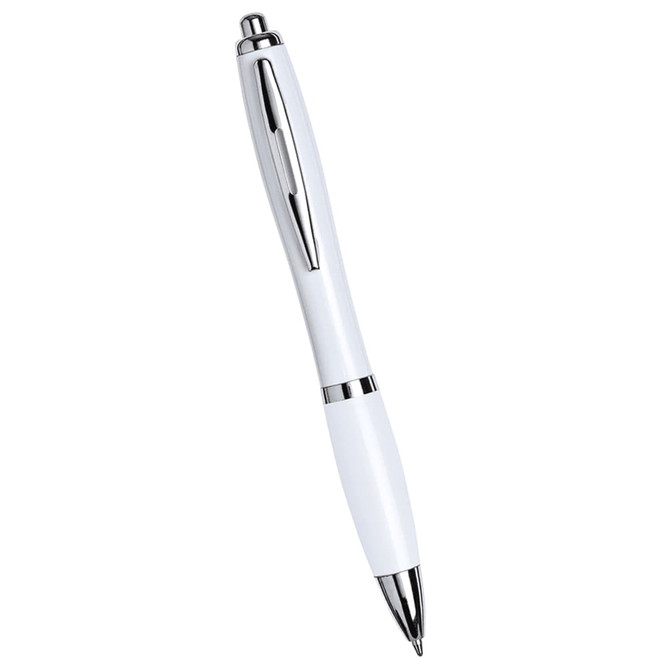 A ballpoint pen in all white, featuring silver accents and a logo on the body.