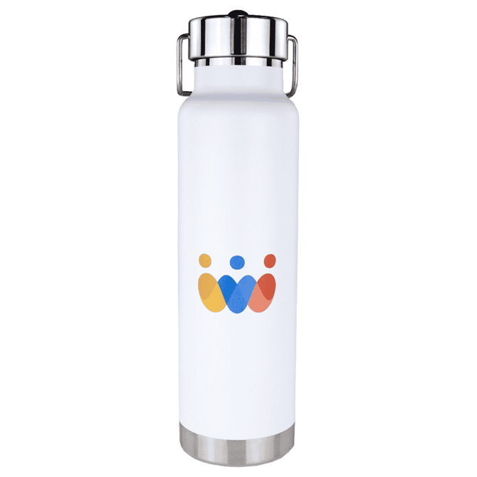 A drink bottle in white with a stainless steel base, featuring a logo in blue, orange, and red.