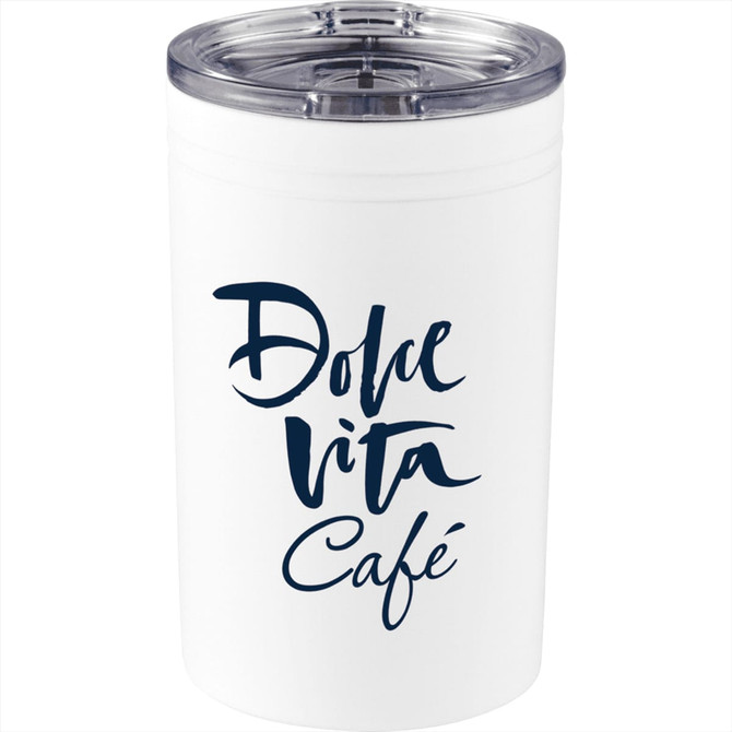 A drink bottle with a white exterior and a clear lid, featuring a logo. Suitable for hot or cold beverages.