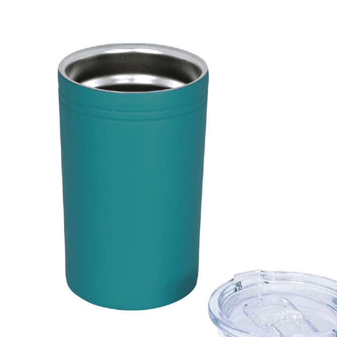 A drink bottle with a teal exterior and stainless steel interior, featuring a clear lid, suitable for beverages.