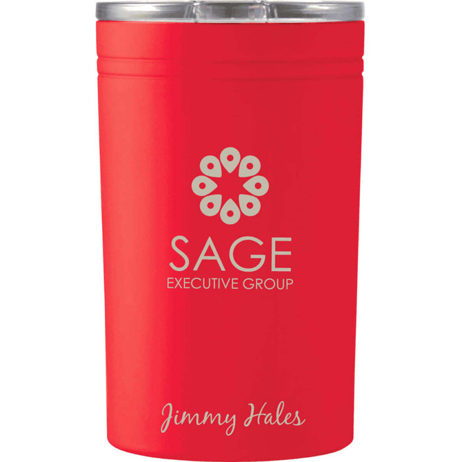 A drink bottle in vibrant red, featuring a logo and a silver lid, designed for thermos use.
