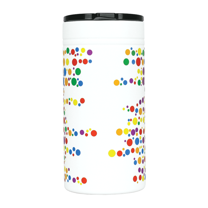 A drink bottle featuring a white body decorated with colourful polka dots and a black lid. It has a logo.