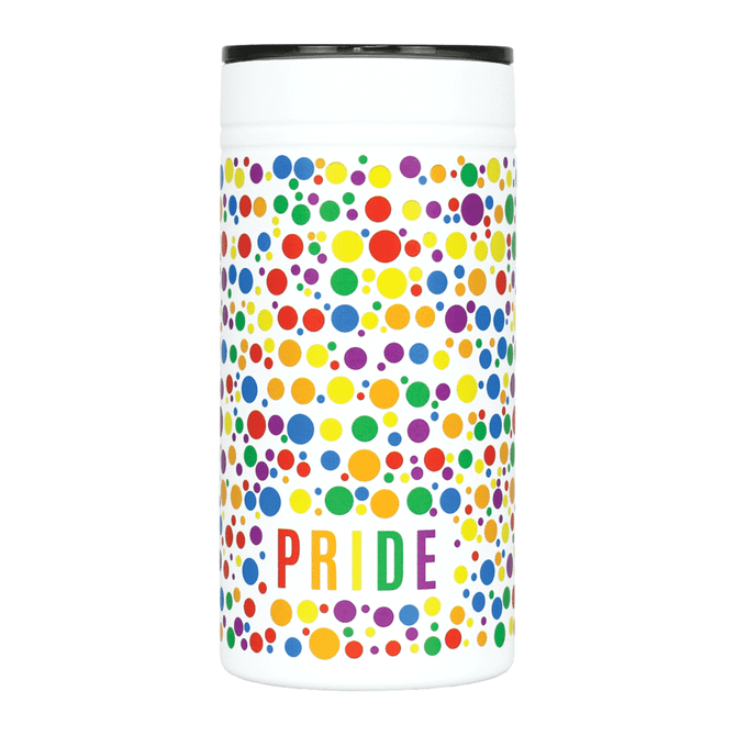 A drink bottle featuring a colourful polka dot design in rainbow colours with a white background and a black lid.