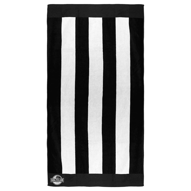 A beach towel featuring alternating black and white vertical stripes, with a logo at the bottom.