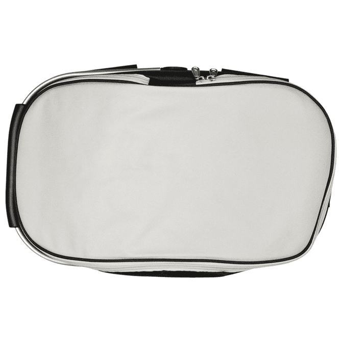 A white cooler bag with a black zipper and handle, featuring a logo.