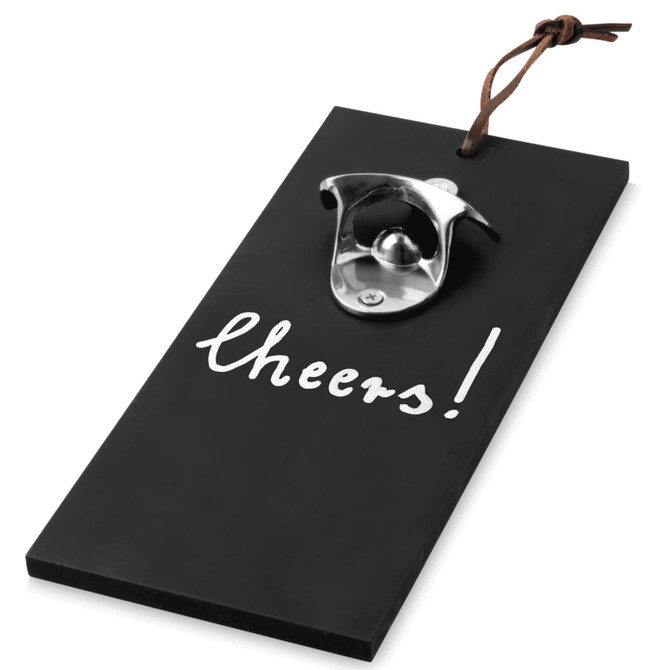 A drink bottle opener in a black rectangular design, featuring a metal opener and a leather tie.