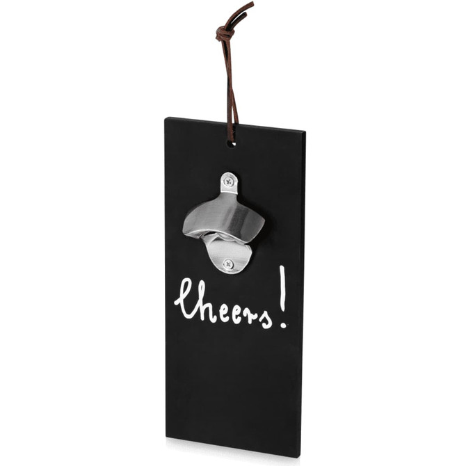 A drink bottle opener in black with a silver opener and a leather loop for hanging, featuring the word "cheers!"