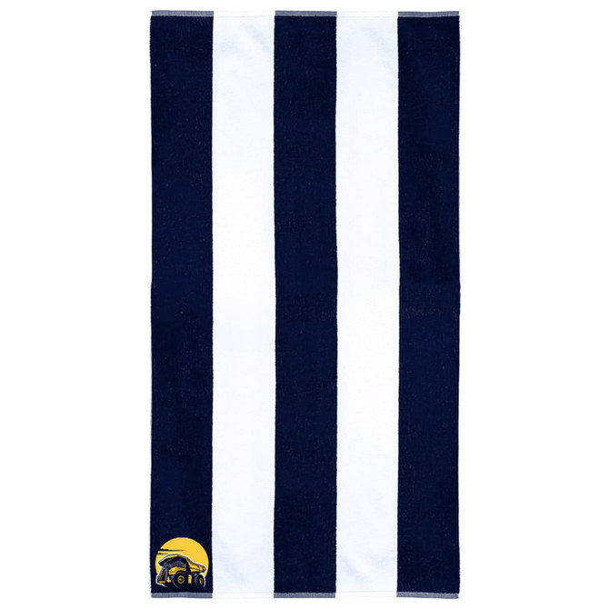 A navy and white striped cotton beach towel featuring a logo in one corner.