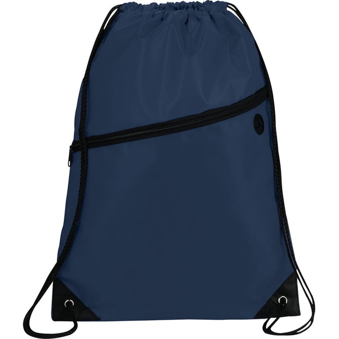 A navy drawstring bag featuring a front zipper pocket and a logo, with black accents.