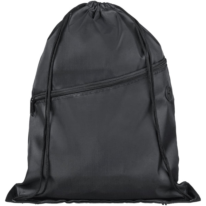 A black drawstring bag with a zippered front pocket and a logo. Made of smooth fabric.