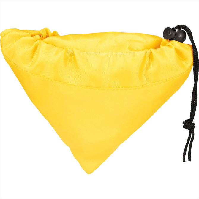 A yellow foldaway shopper tote with a cinched drawstring closure and a small logo.