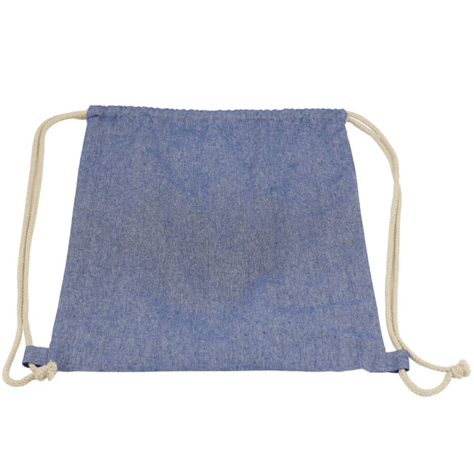 A blue custom dyed drawstring bag with cream-coloured drawstrings and a logo.