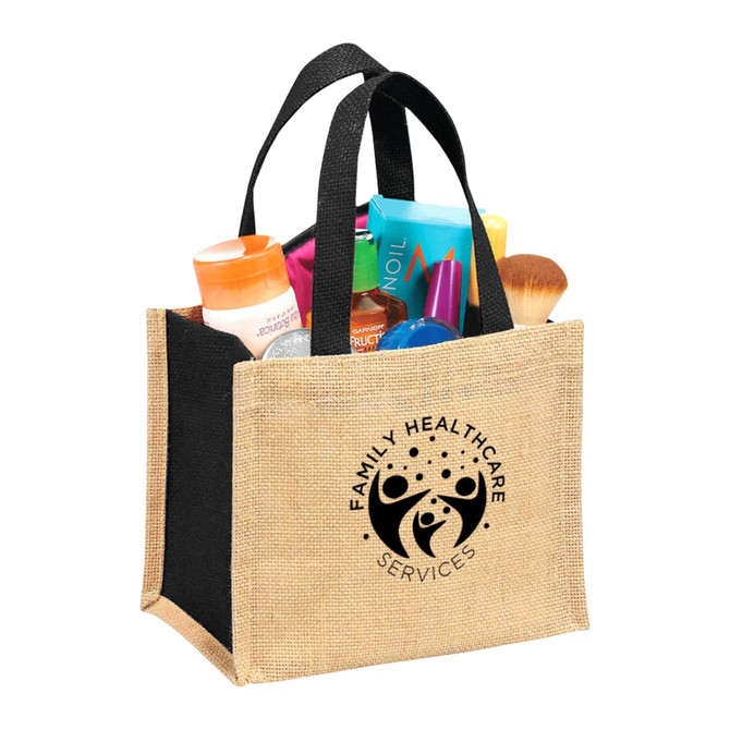 A jute tote bag in natural and black with various beauty products and a logo on the front.