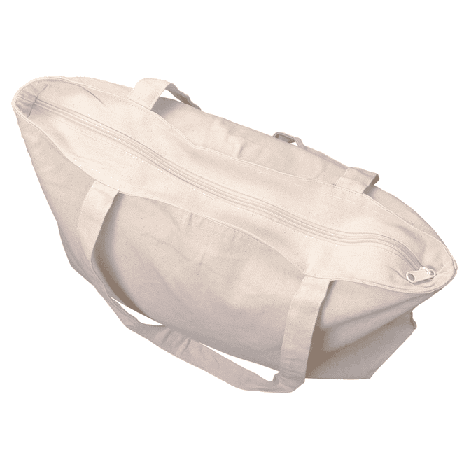 A cream zippered cotton canvas shopper tote with two handles and a top zipper closure.