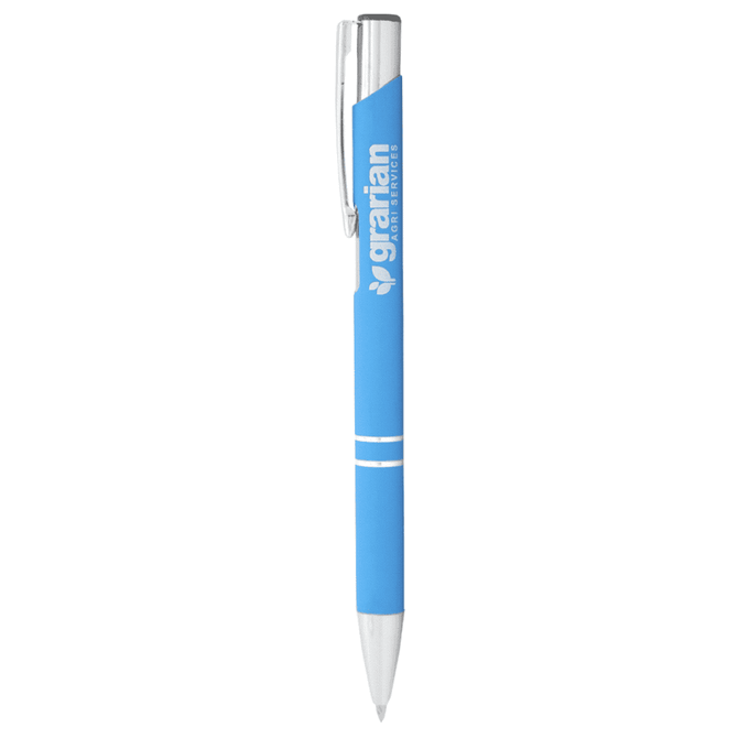 A blue metal ballpoint pen with a silver clip and a logo on the barrel.