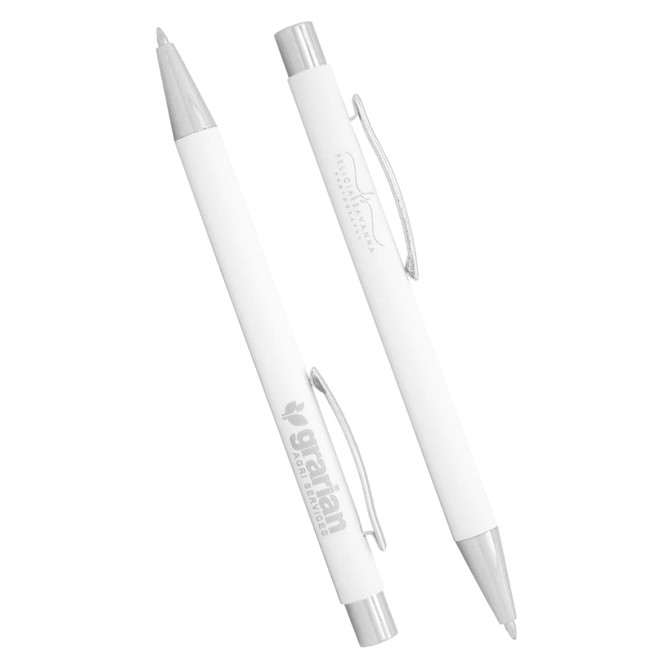 A white ballpoint pen with a silver clip and accents, featuring a branding logo. Two pens are displayed.